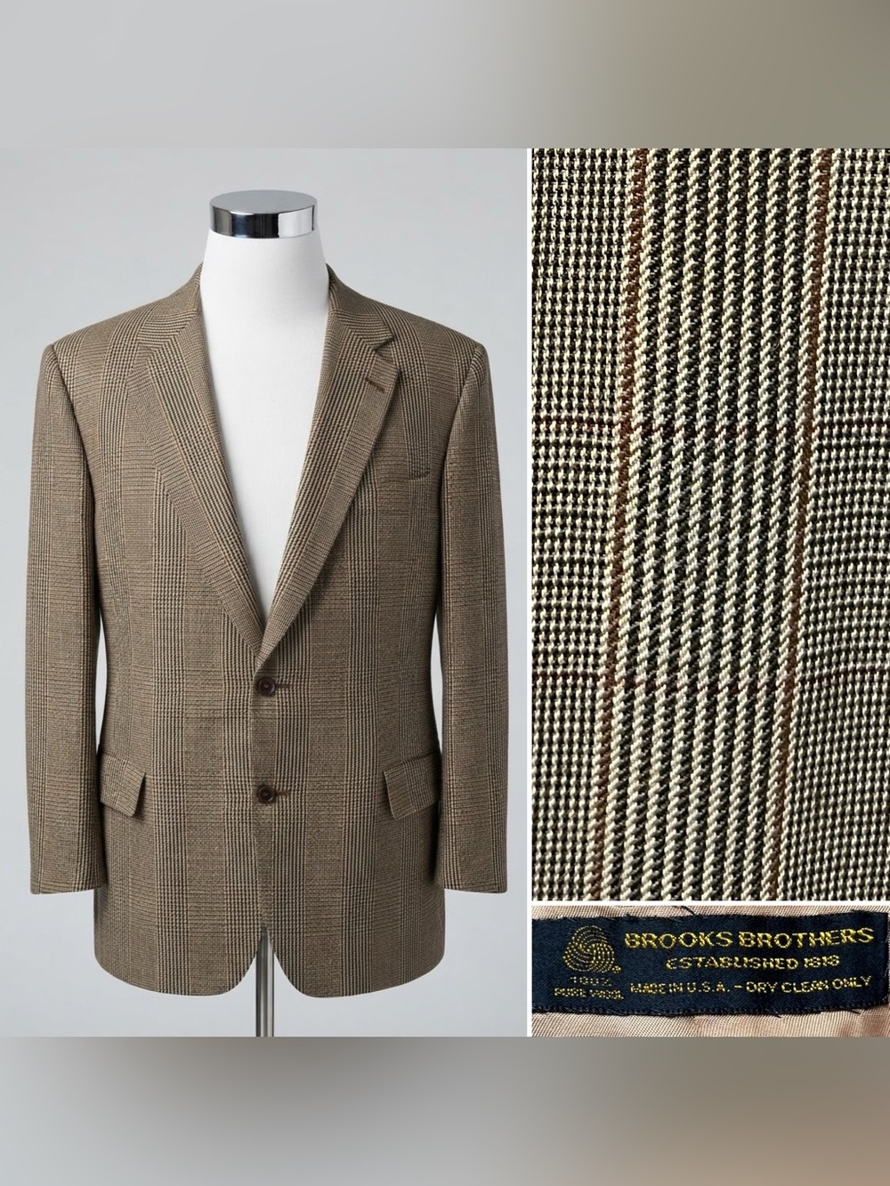 Vintage Brooks Brothers Men’s 46R Camel Hair Tan Brown Plaid Blazer Jacket